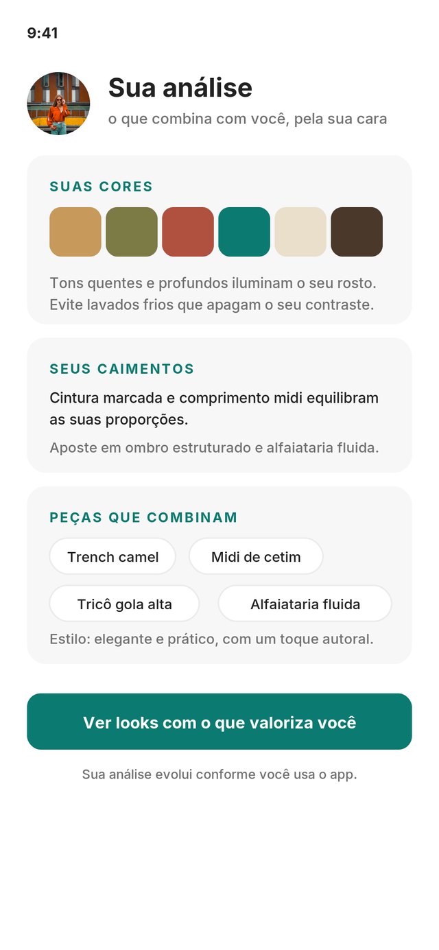 Tela do app Cauri mostrando a análise pessoal: cores, caimentos e peças